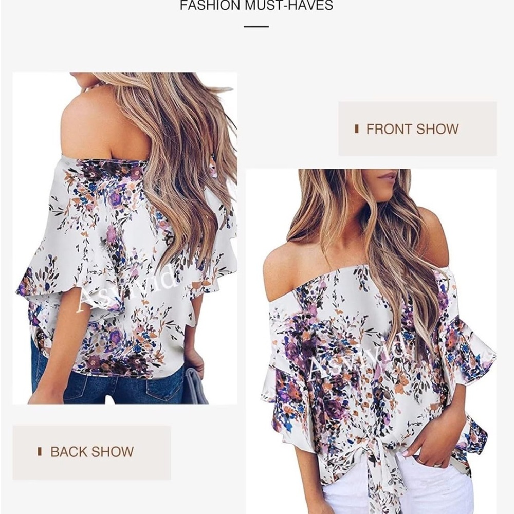 White and Purple Off-the-Shoulder Bell‎ Sleeve Blouse - Picture 3 of 3